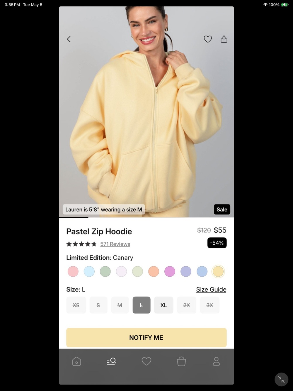 Pastel Zip Hoodie - Canary comfrt L New